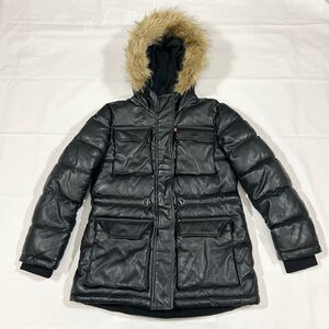 Levi’s Womens Medium Full Zip Faux Leather Fur Hooded Sherpa Lined Puffer Coat